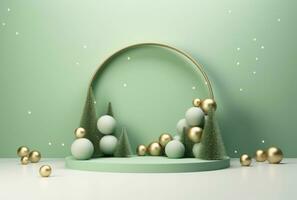 3D podium, Christmas display. Pastel green background AI Generated. photo