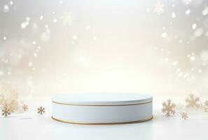 3D white podium. Christmas background. The display stand is gold colored AI Generated. photo