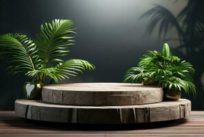 3D podium wood display white background with green monstera palm leaf AI Generated. photo