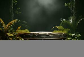 3D podium, stone display set. Jungle, palm leaf AI Generated. photo