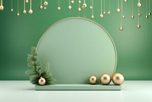 3D podium, Christmas display. Pastel green background AI Generated. photo