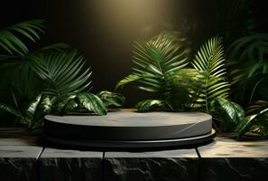 3D podium, stone display set. Jungle, palm leaf AI Generated. photo