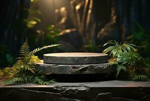 3D podium, stone display set. Jungle, palm leaf AI Generated. photo