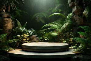 3D podium, stone display set. Jungle, palm leaf AI Generated. photo