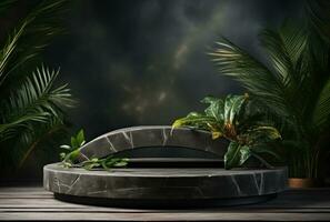 3D podium, stone display set. Jungle, palm leaf AI Generated. photo