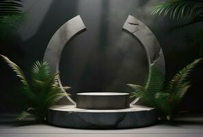 3D podium, stone display set. Jungle, palm leaf AI Generated. photo