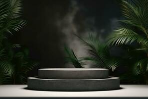 3D podium, stone display set. Jungle, palm leaf AI Generated. photo