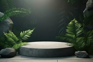 3D podium, stone display set. Jungle, palm leaf AI Generated. photo