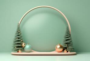 3D podium, Christmas display. Pastel green background AI Generated. photo