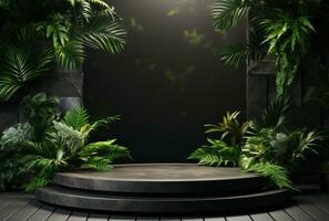 3D podium, stone display set. Jungle, palm leaf AI Generated. photo