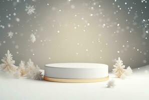 3D white podium. Christmas background. The display stand is gold colored AI Generated. photo