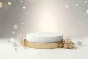 3D white podium. Christmas background. The display stand is gold colored AI Generated. photo