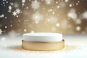 3D white podium. Christmas background. The display stand is gold colored AI Generated. photo