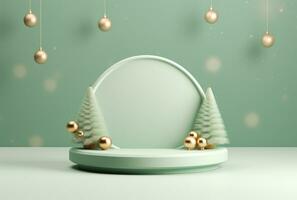 3D podium, Christmas display. Pastel green background AI Generated. photo