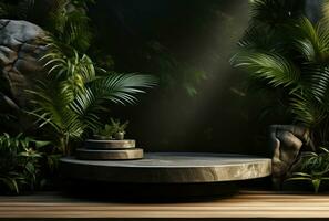 3D podium, stone display set. Jungle, palm leaf AI Generated. photo