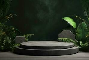 3D podium, stone display set. Jungle, palm leaf AI Generated. photo