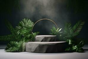 3D podium, stone display set. Jungle, palm leaf AI Generated. photo