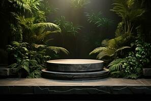 3D podium, stone display set. Jungle, palm leaf AI Generated. photo