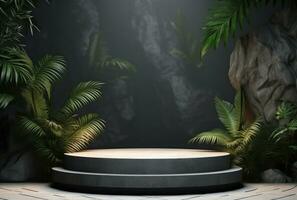 3D podium, stone display set. Jungle, palm leaf AI Generated. photo