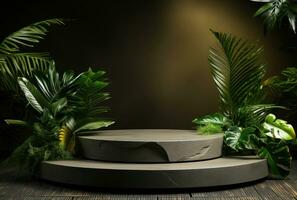 3D podium, stone display set. Jungle, palm leaf AI Generated. photo