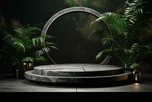 3D podium, stone display set. Jungle, palm leaf AI Generated. photo
