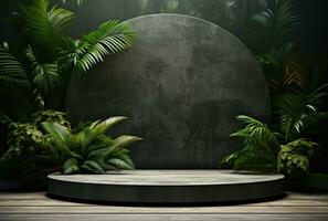 3D podium, stone display set. Jungle, palm leaf AI Generated. photo