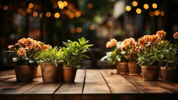 de madera mesa con en conserva plantas y hermosa bokeh antecedentes ai generado. foto