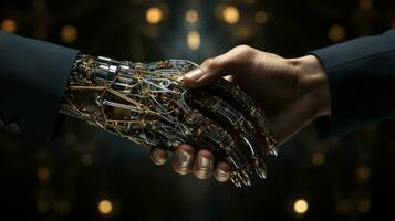 Humans and robots hold hands Human interaction with artificial intelligence AI Generated. photo