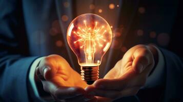Bright new concept with a Light Bulb shining on the palm of a human's hand AI Generated. photo