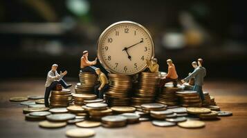 Clock and pile of money on wooden table with overworked businessman The concept of overtime and life balance AI Generated. photo