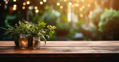 Wooden table with potted plants and Beautiful bokeh background AI Generated. photo
