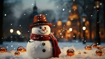 Christmas decoration with cute cheerful snowmen in the snow in the winter garden, AI Generated. photo