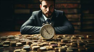 Clock and pile of money on wooden table with overworked businessman The concept of overtime and life balance AI Generated. photo