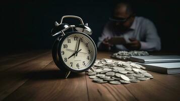 Clock and pile of money on wooden table with overworked businessman The concept of overtime and life balance AI Generated. photo