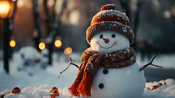 Navidad decoración con linda alegre muñecos de nieve en el nieve en el invierno jardín, ai generado. foto