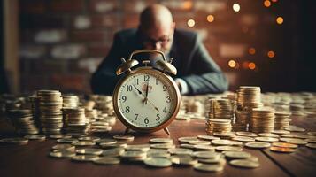 Clock and pile of money on wooden table with overworked businessman The concept of overtime and life balance AI Generated. photo