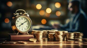 Clock and pile of money on wooden table with overworked businessman The concept of overtime and life balance AI Generated. photo