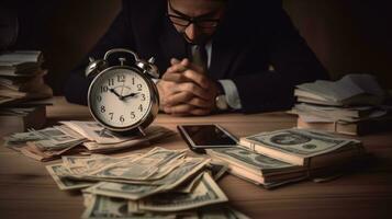 Clock and pile of money on wooden table with overworked businessman The concept of overtime and life balance AI Generated. photo