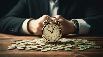 Clock and pile of money on wooden table with overworked businessman The concept of overtime and life balance AI Generated. photo