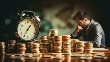 Clock and pile of money on wooden table with overworked businessman The concept of overtime and life balance AI Generated. photo