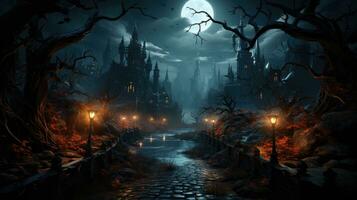 Background for Halloween old gothic castle Haunted mansion on a scary night, AI Generated. photo