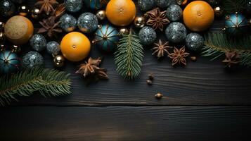 alegre Navidad Navidad adornos en un oscuro negro hormigón mesa arriba, parte superior ver ai generado. foto