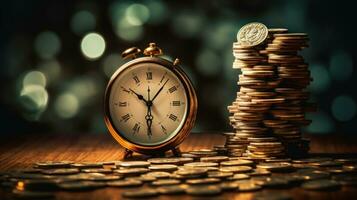 Clock and pile of money on wooden table with overworked businessman The concept of overtime and life balance AI Generated. photo