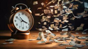 Clock and pile of money on wooden table with overworked businessman The concept of overtime and life balance AI Generated. photo
