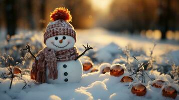 Navidad decoración con linda alegre muñecos de nieve en el nieve en el invierno jardín, ai generado. foto