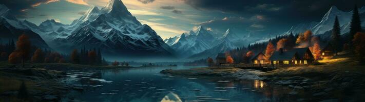 Cabin in the valley, mountains as the background AI Generated. photo