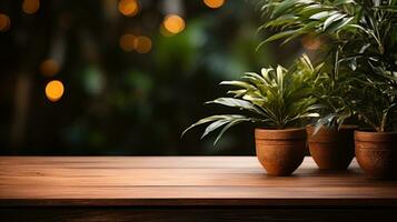 Wooden table with potted plants and Beautiful bokeh background AI Generated. photo