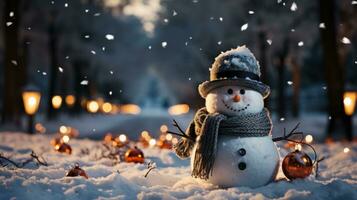 Navidad decoración con linda alegre muñecos de nieve en el nieve en el invierno jardín, ai generado. foto