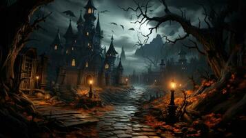 Background for Halloween old gothic castle Haunted mansion on a scary night, AI Generated. photo