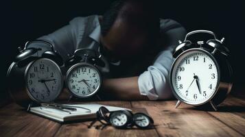 Clock and pile of money on wooden table with overworked businessman The concept of overtime and life balance AI Generated. photo